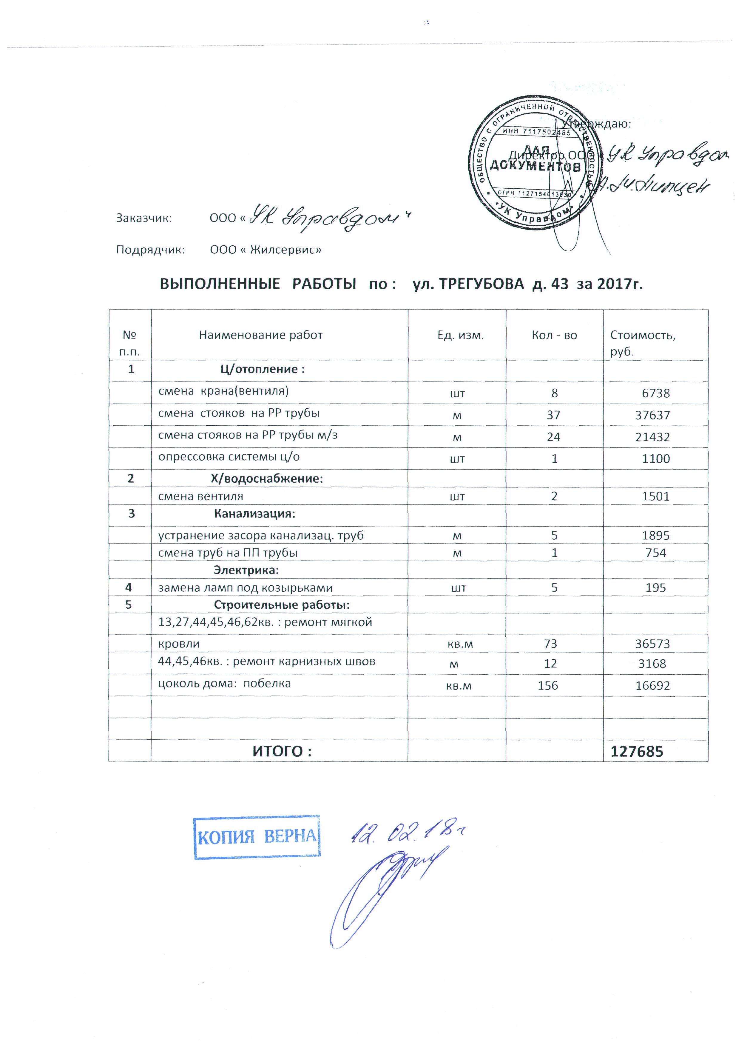 Отчет по выполненным работам по МКД за 2017 г. — ООО 