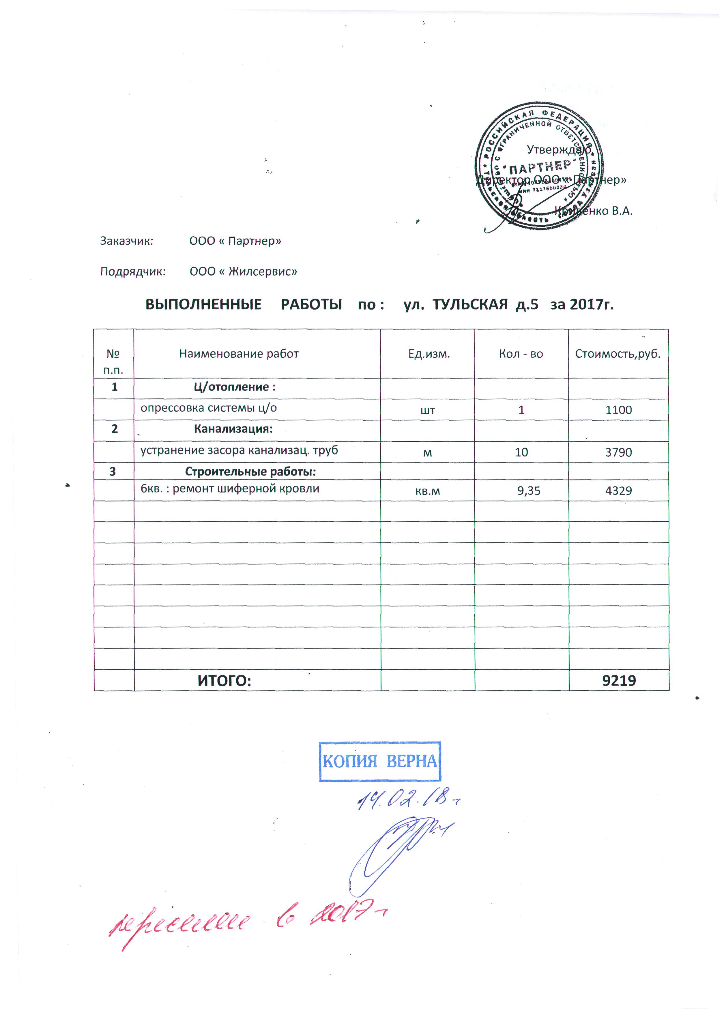 Отчет по выполненным работам по МКД за 2017 г. — ООО 